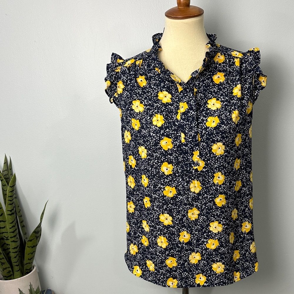 ❄️ LOFT Navy and Yellow Floral Ruffle Sleeve Blouse Size Small